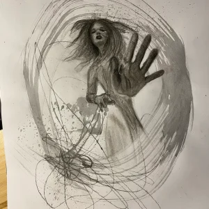 Tinta i ugljen na papiru. Žena.