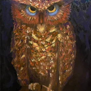 Sova, portret sove, portreti životinja, ulje na platnu.