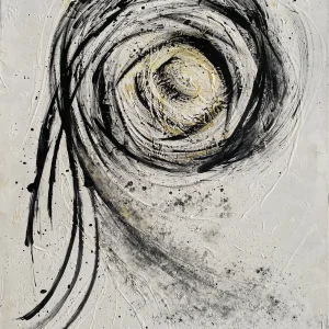 apstraktni motiv crnožutog vrtloga na bijeloj pozadini, akril na platnu