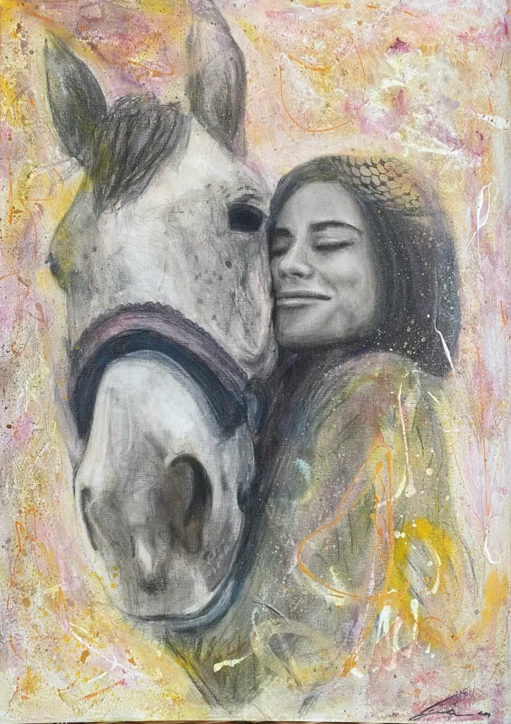 Portret žene sa konjem na platnu
