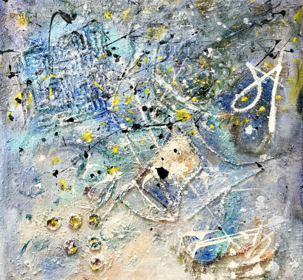 Apstraktna slika u mešanoj tehnici, akril, kolaž i ulje na platnu