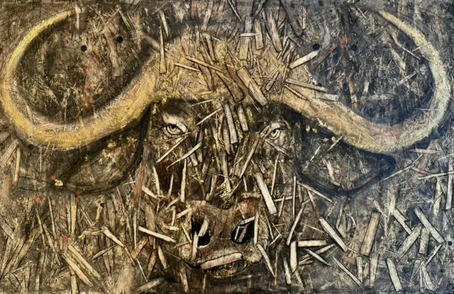 Tokovi ljutnje, portret bivola na drvenoj OSB ploči